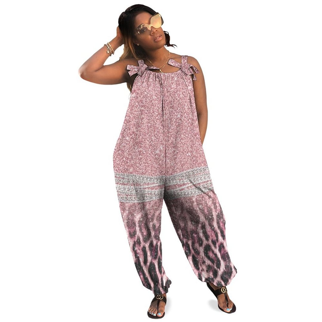 Chic Girly Pink Leopard Animal Print Glitter Image Boho Vintage Loose Overall Corset Jumpsuit Without Top