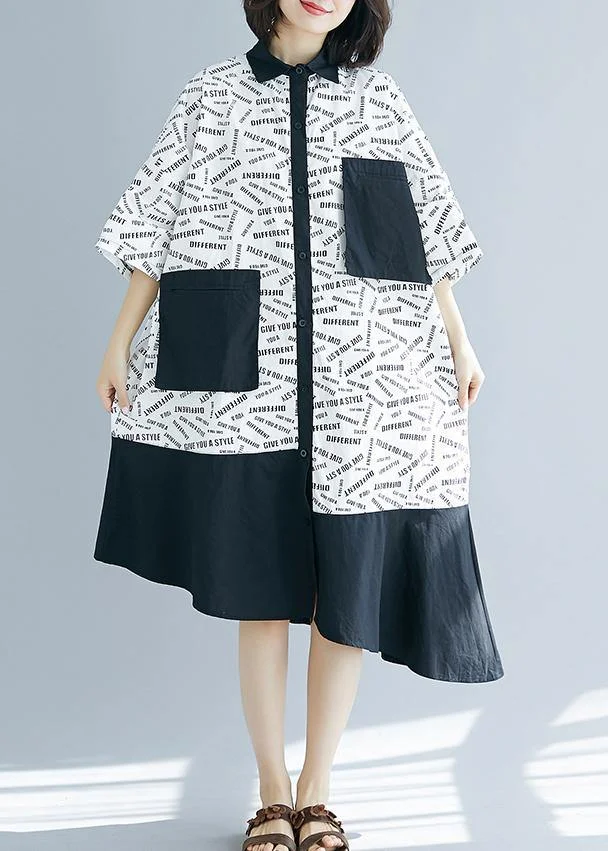 French lapel patchwork asymmetric Cotton white print Dresses summer
