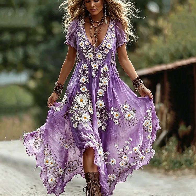 🌼 Women's Daisy Embroidered Boho Maxi Dress
