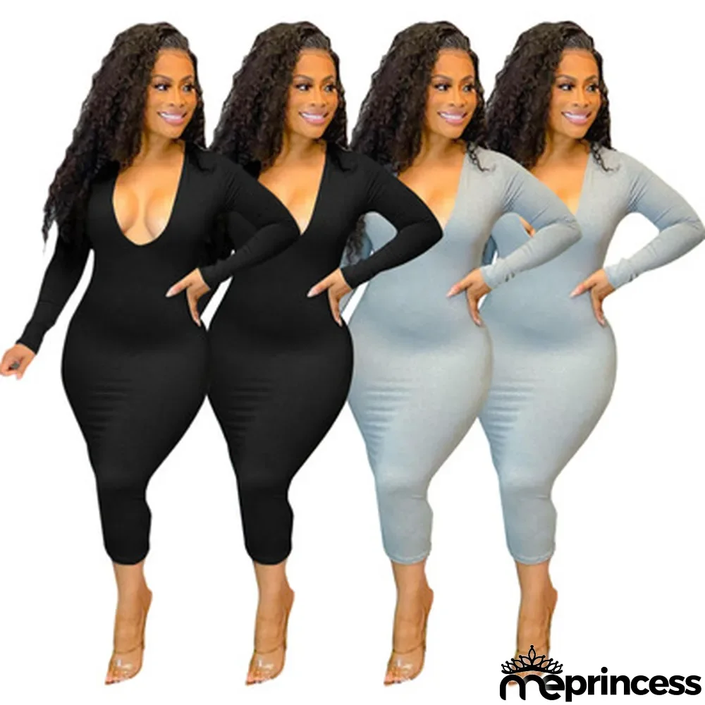 Autumn Hot Sale Solid Color U-neck Long-sleeved Sexy Dress