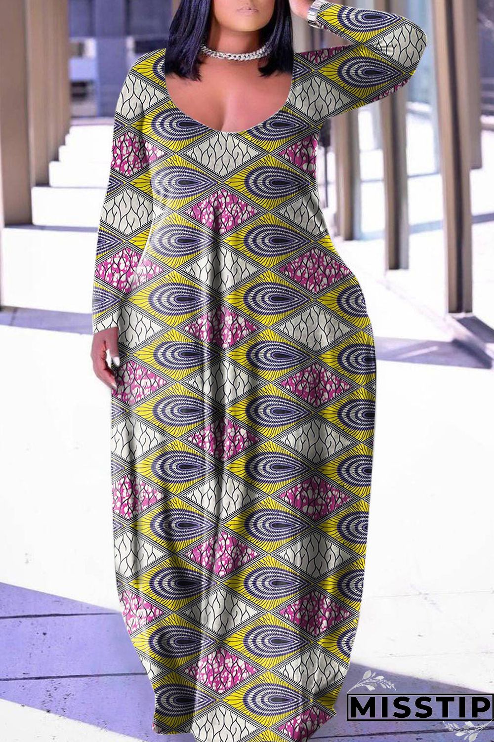 Grey Casual Print Basic V Neck Long Sleeve Dresses