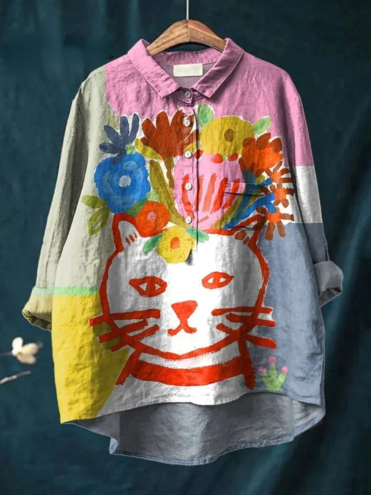 Cat In Floral Crown Painting Printed Women's Casual Cotton And Linen Shirt