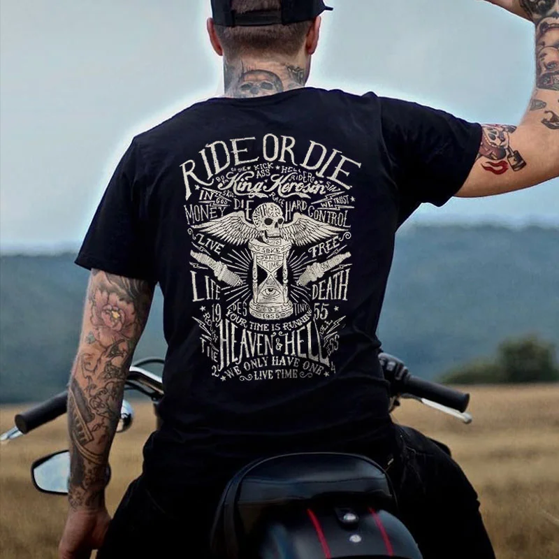 RIDE OR DIE Skull with Wings Black Print T-Shirt