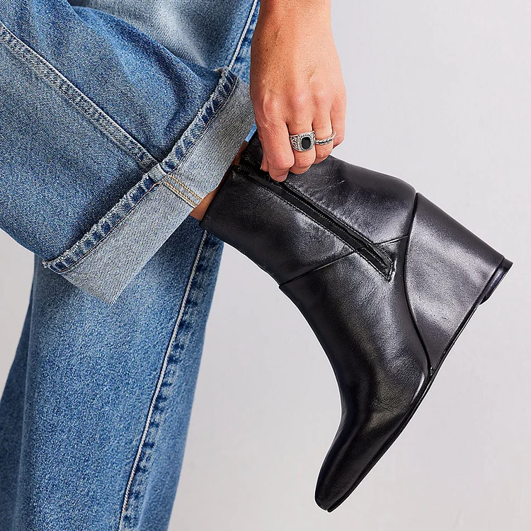 Women's Black Pointed Toe Ankle Boots Zip Wedge Heel Booties |FSJ Shoes