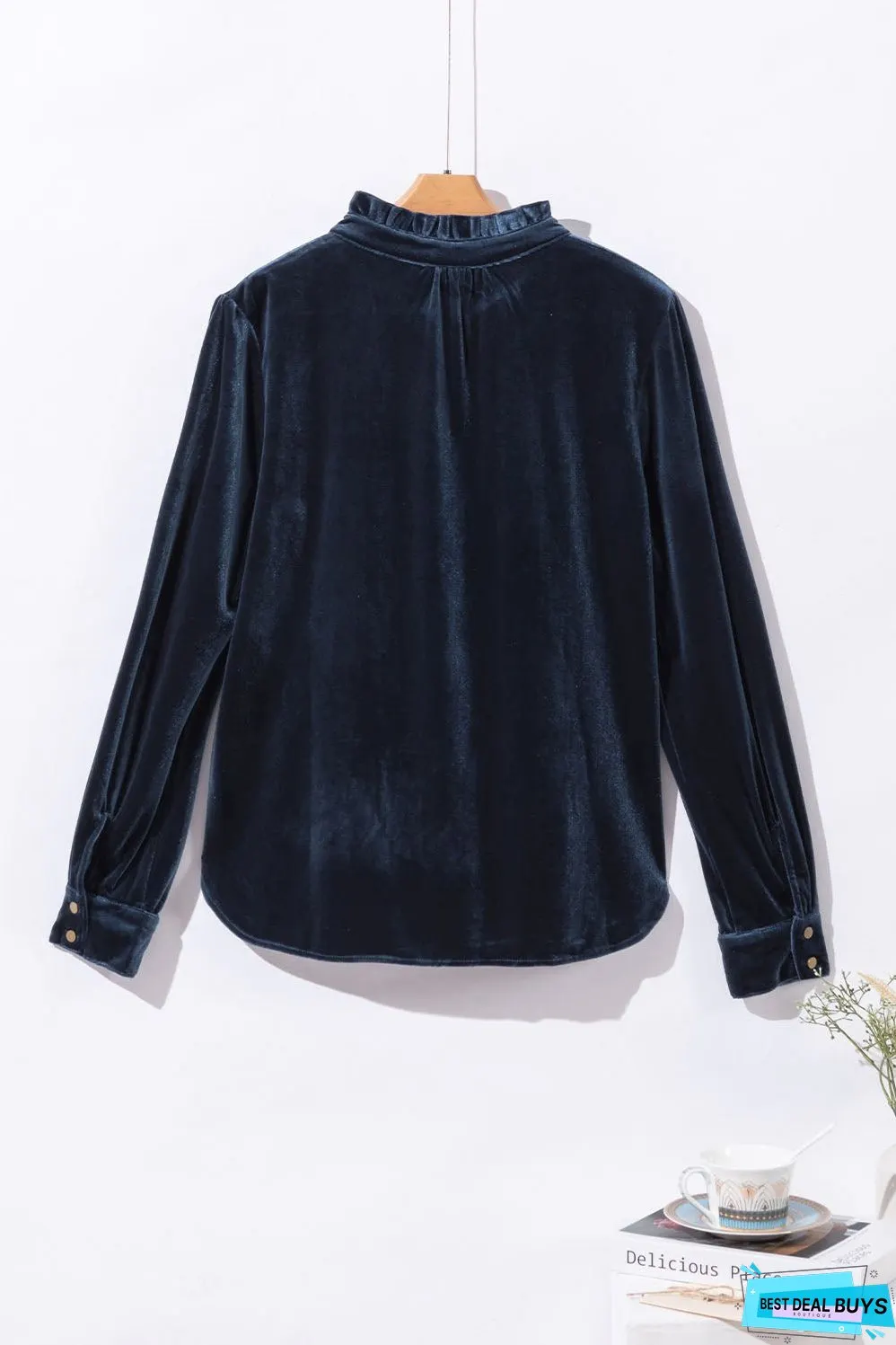 Frill Half Button Mock Neck Long Sleeve Blouse