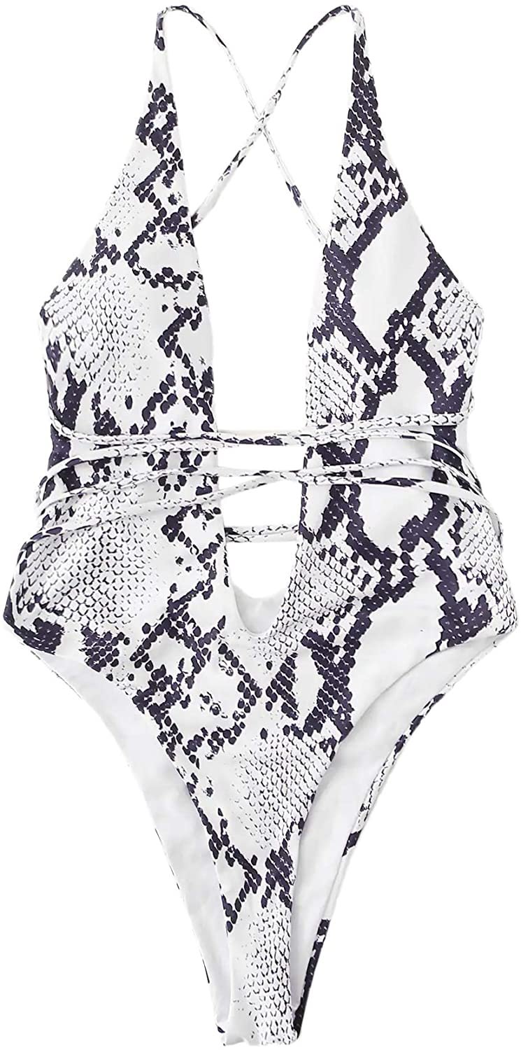 Women's Snakeskin Print Deep V Plunge Monokini One Piece Swimsuits Sexy Bathing Suits