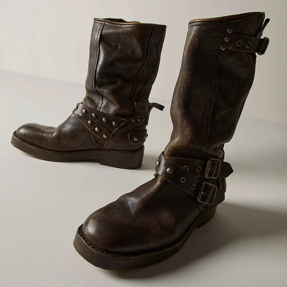 Brown Studded Buckle Mid Calf Grommet Motorcycle Boots for Women