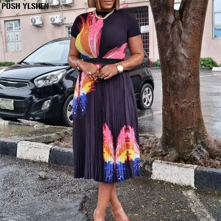 Two 2 Piece Set Womens Outfits Butterfly Print Tracksuit Summer Clothes African Dresses for Women Casual Party Tops Skirt Sets QueenFunky