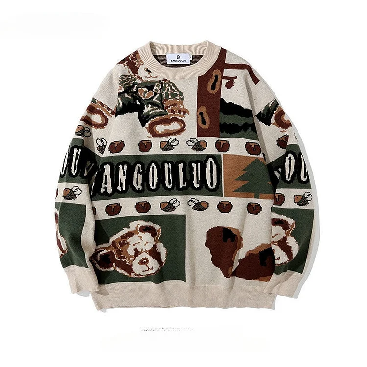 Demandernyc Men Women American O-neck Long-sleeved Jacquard Bear Sweaters Autumn Winter Lazy Style Outerwear Loose Casual Knitted Pullovers