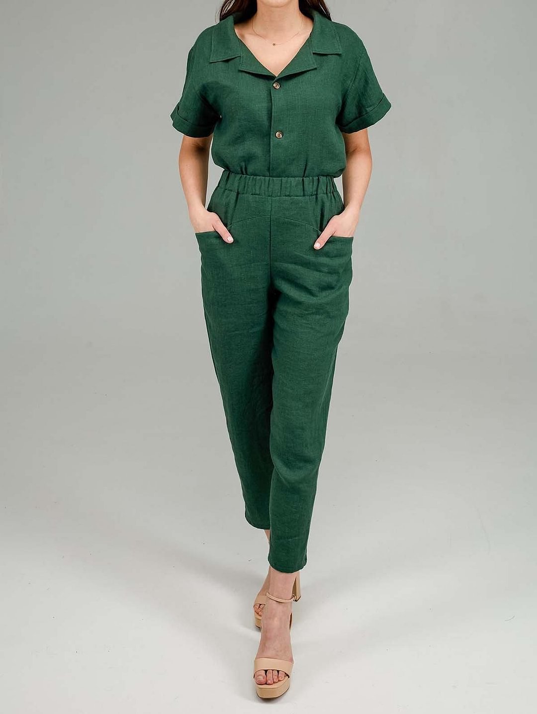 Lapel Collar Button Ursime Short Sleeve Pocket Jumpsuit