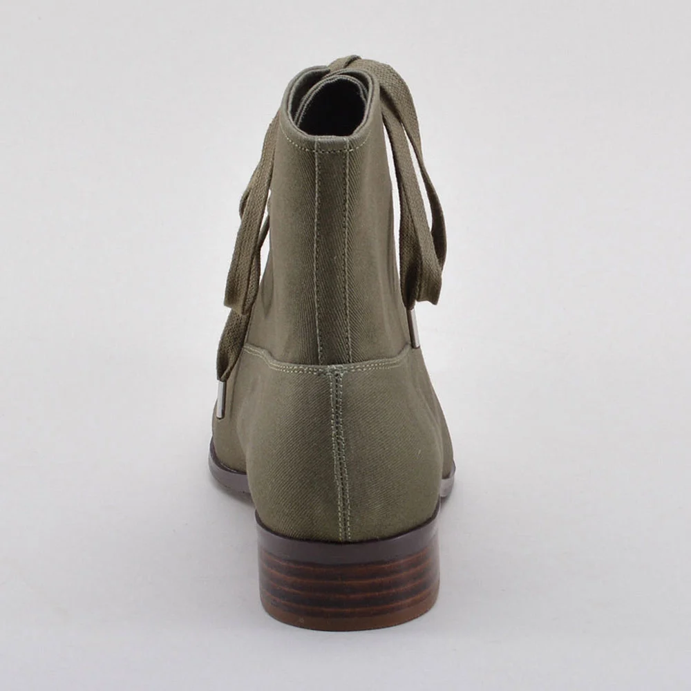 Olive Canvas Round Toe Stacked Heel Lace-Up Booties for Women