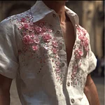 Bohemian Style Pink Plant And Flower Diamond White Men's Vintage Lapel Short-sleeved Shirt - Image 2
