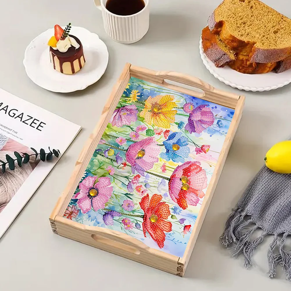5D DIY Flower Diamond Painting Wooden Serving Tray with Handle for Desk