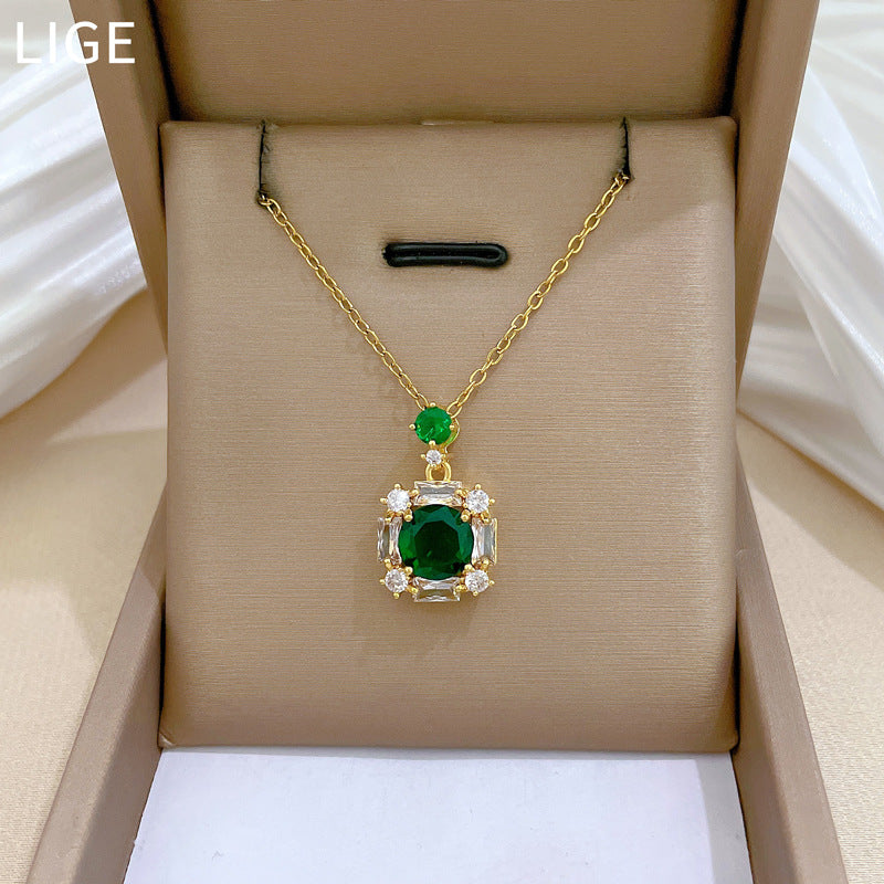 Square Emerald Fashion Gorgeous Full Diamond Necklace Women'S All-Match Clavicle Chain Titanium Steel