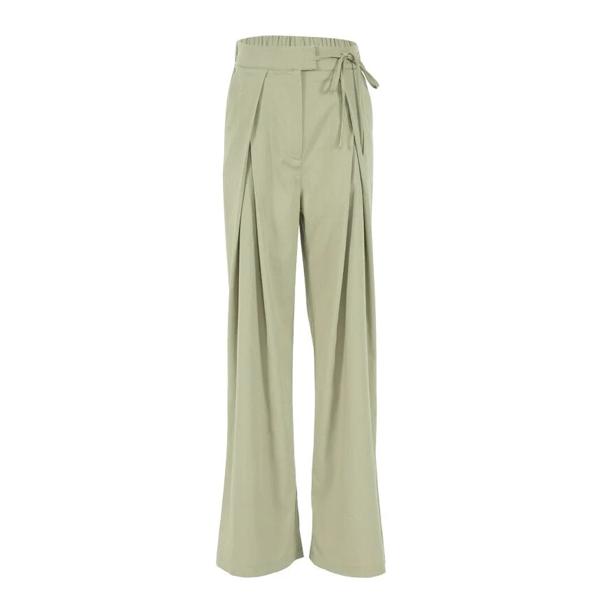 OOTN Summer Womens Pants Solid Green Lace Up Pleated Wide Leg Pants Ladies Trousers Office Work Loose Casual High Waist Pants