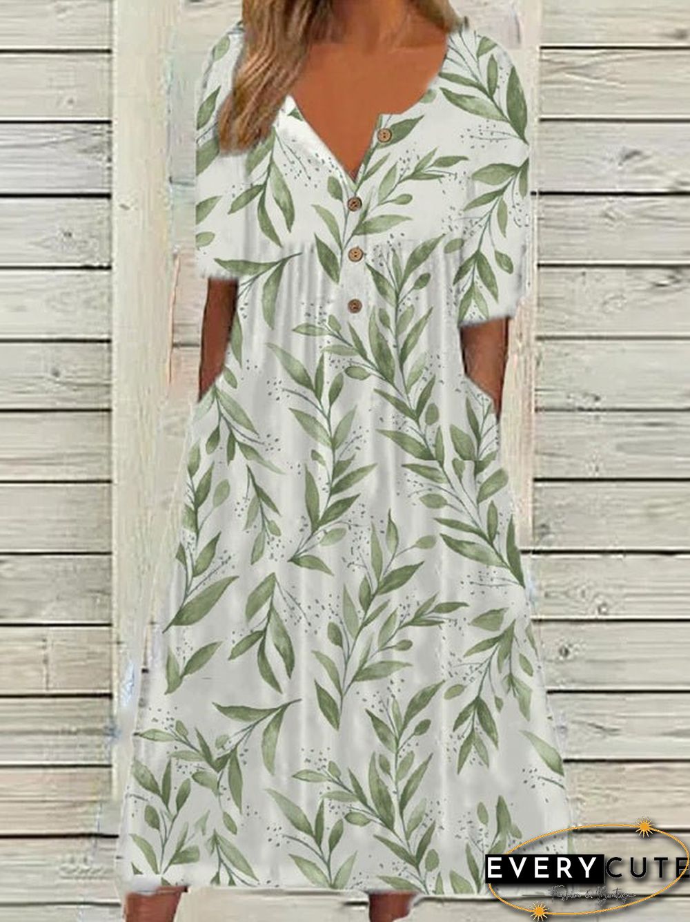 Women'S Dresses Printed V-Neck Button Pocket Short Sleeve Dress