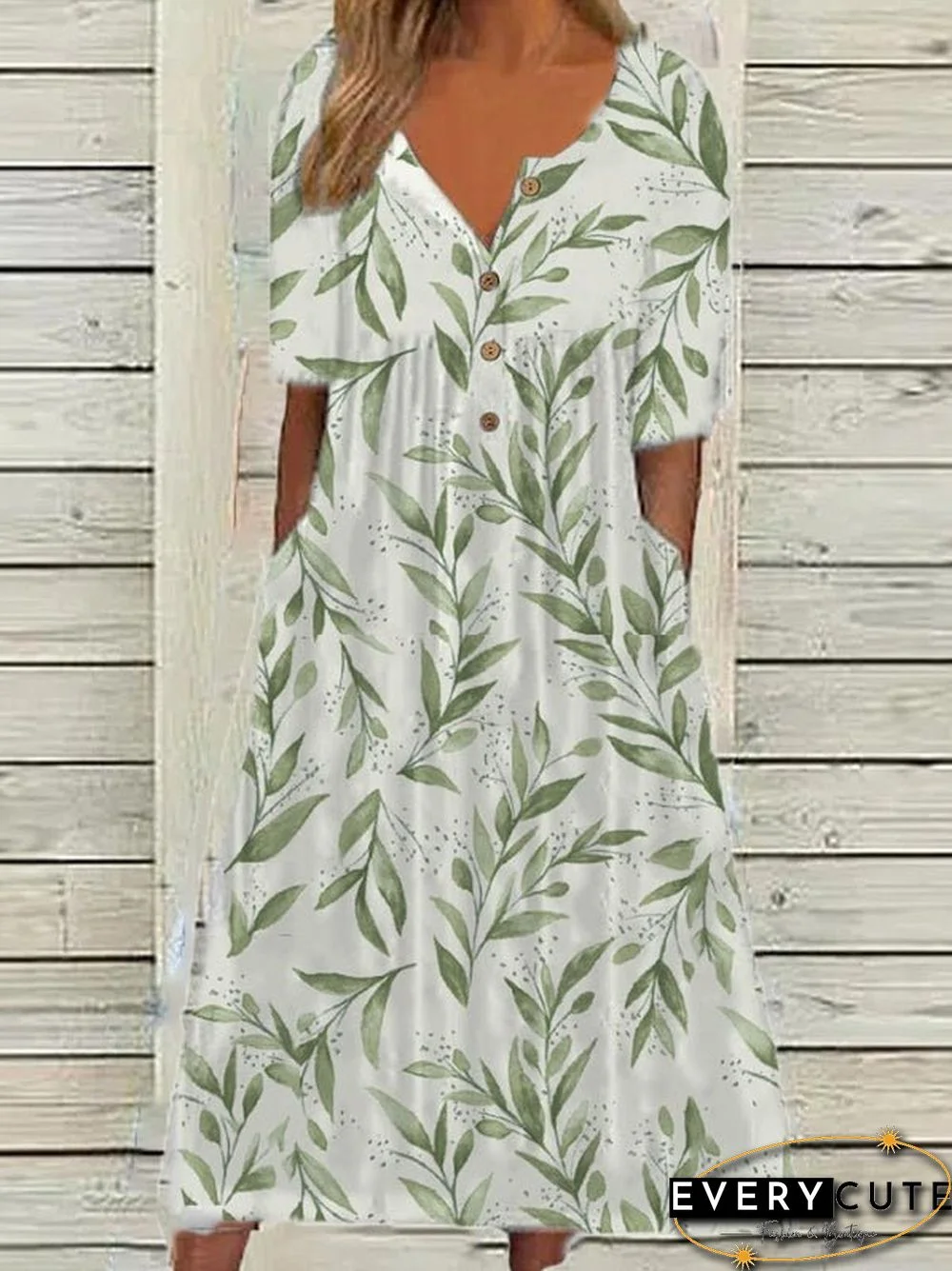 Women'S Dresses Printed V-Neck Button Pocket Short Sleeve Dress