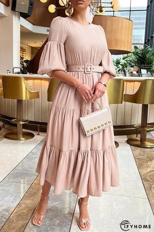 O Neck Puff Sleeve Ruffles Midi Dress | IFYHOME