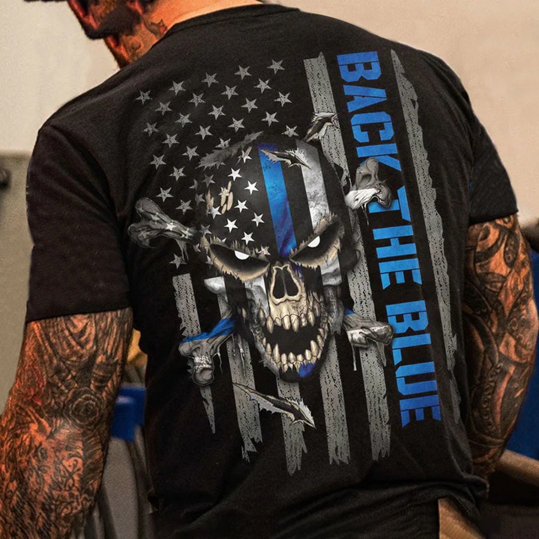 Back The Blue Pl Skull Bone Flag All Over Mens Fashion Casual T-Shirt