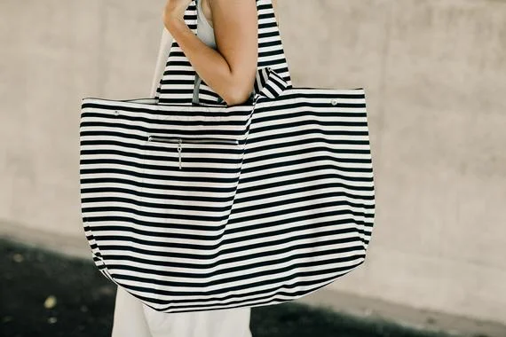 Large Canvas Fashion Durable Women Black and white stripes Shoulder Bag Shopping Tote Flax Cotton Shopping Bags Maximal