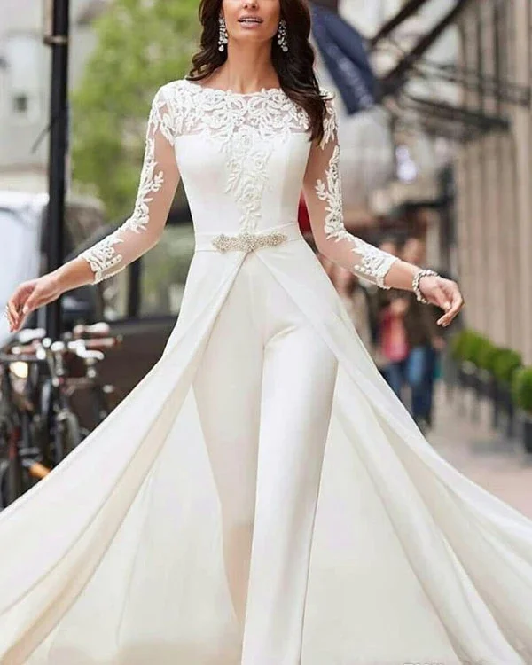 White Jumpsuits Pants Long Sleeve Wedding Dresses Lace Satin With Overskirts