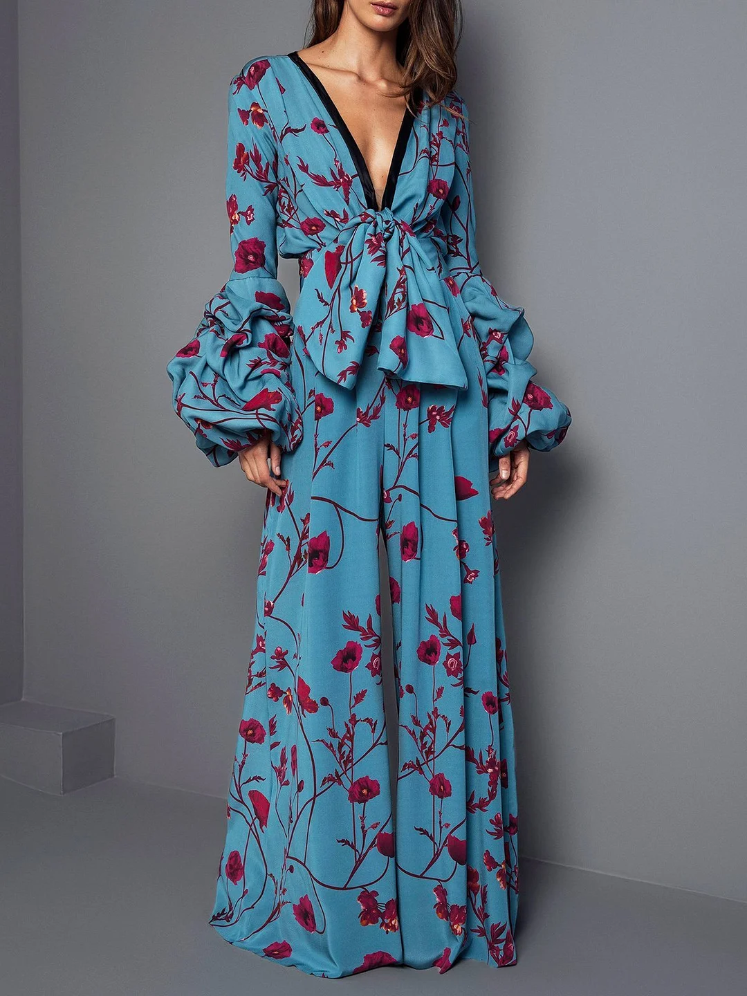 Blue Balloon Sleeve Sheath Elegant Party Evening One-Piece Jumpsuit