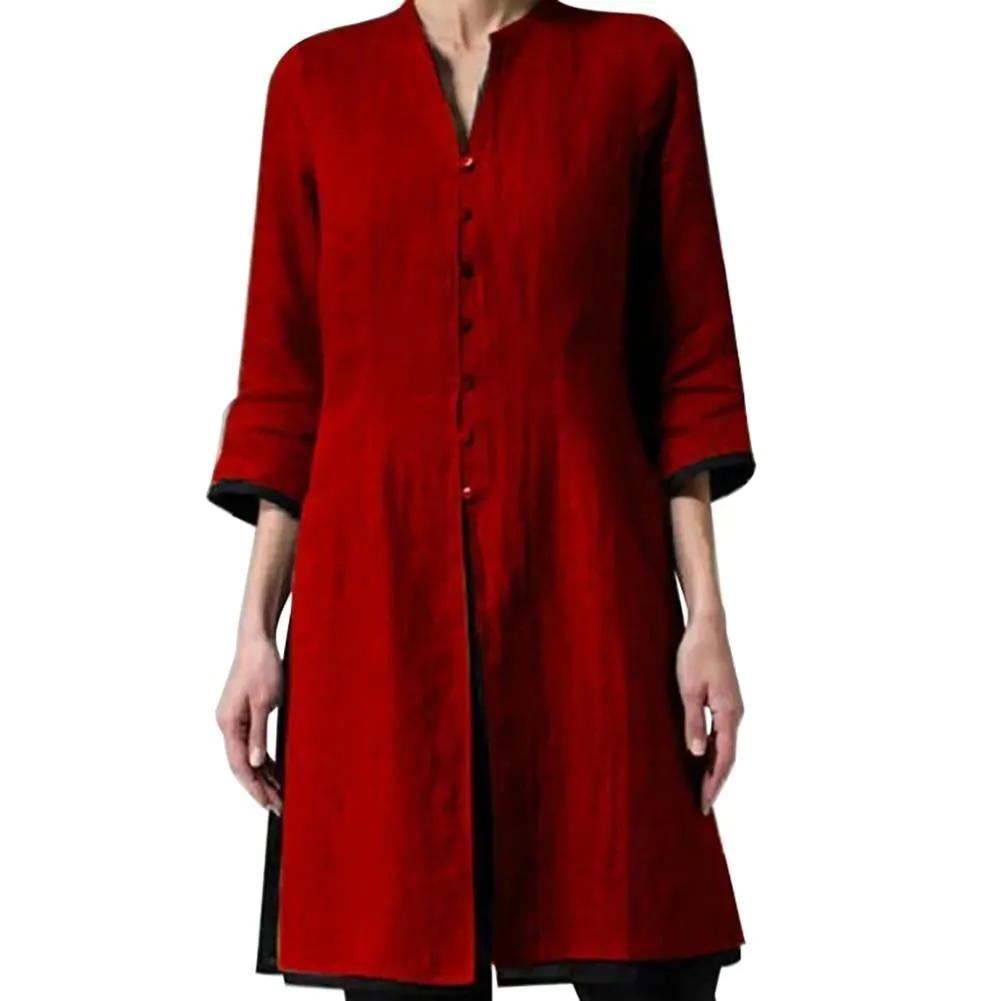 Long Fashion Women Shirt Women Vintage 3/4 Sleeve Single-breasted Irregular Hem Tunic Top Long Shirt Blouse Shirt Summer Top 4XL