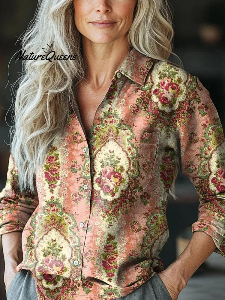 Women's Vintage Lovely Floral Art Print Casual Long Sleeve Comfortable Cotton Shirt