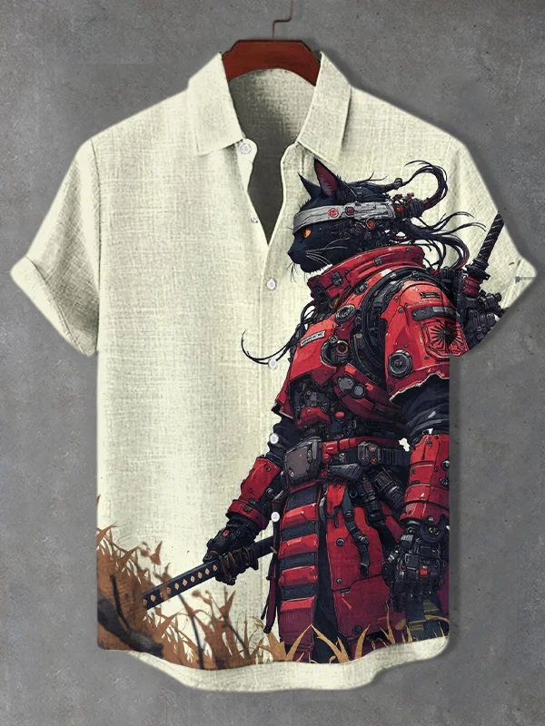 Men's Black Cat Cyber ​​MechWarrior Art Print Casual Shirt