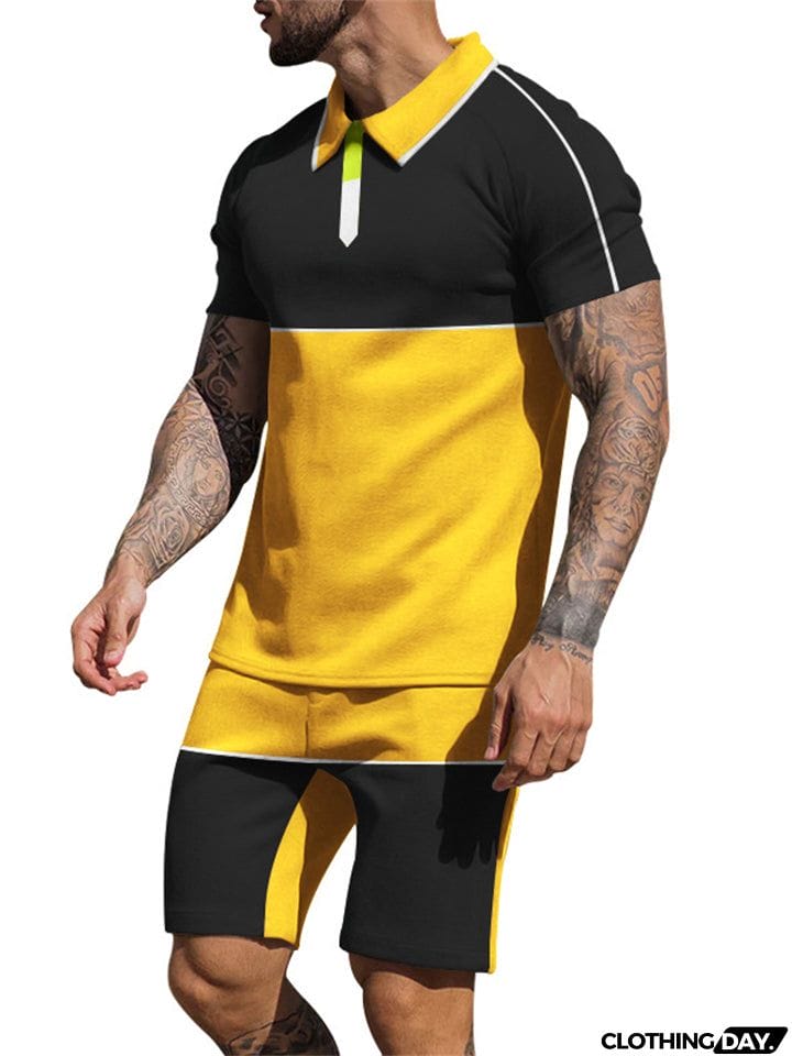 Contrasting Colors Patchwork Two Pieces Summer Sportswear Sets for Men