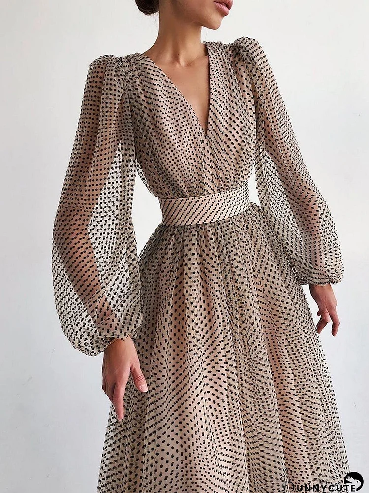 Dresses V Neck Polka Dot Puff Long Sleeve Dress for Women