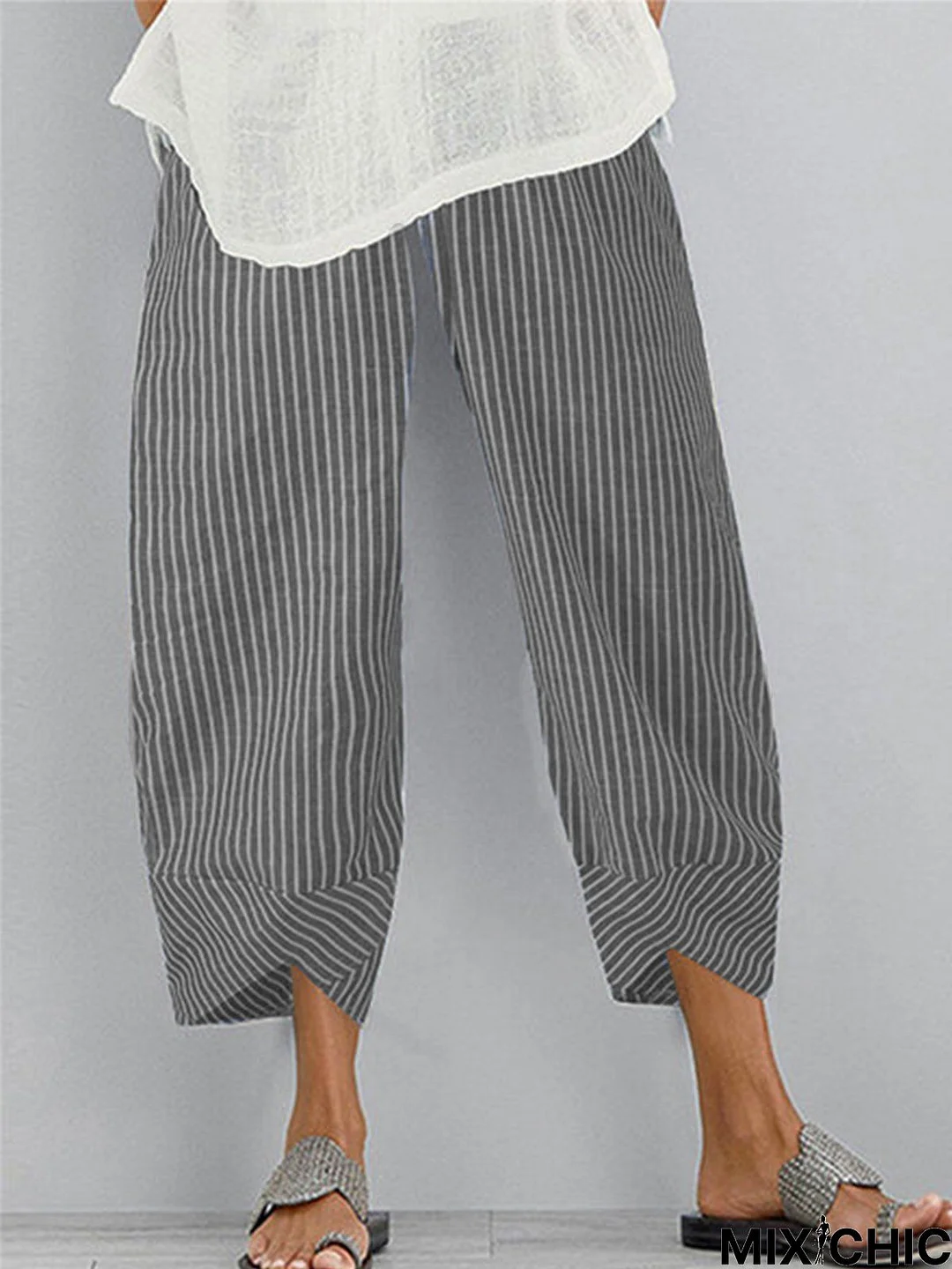 Striped Loose Cotton-Blend Linen & Cotton Bottoms