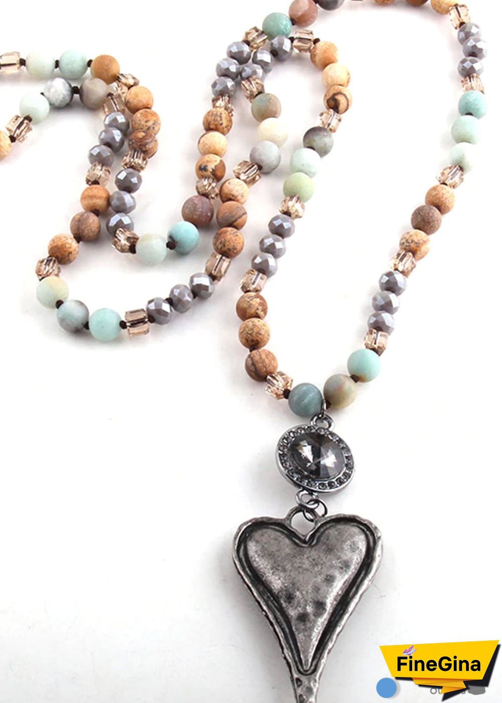Boho Necklace, RH Amazonite Jasper, Heart Brown Natural Stone