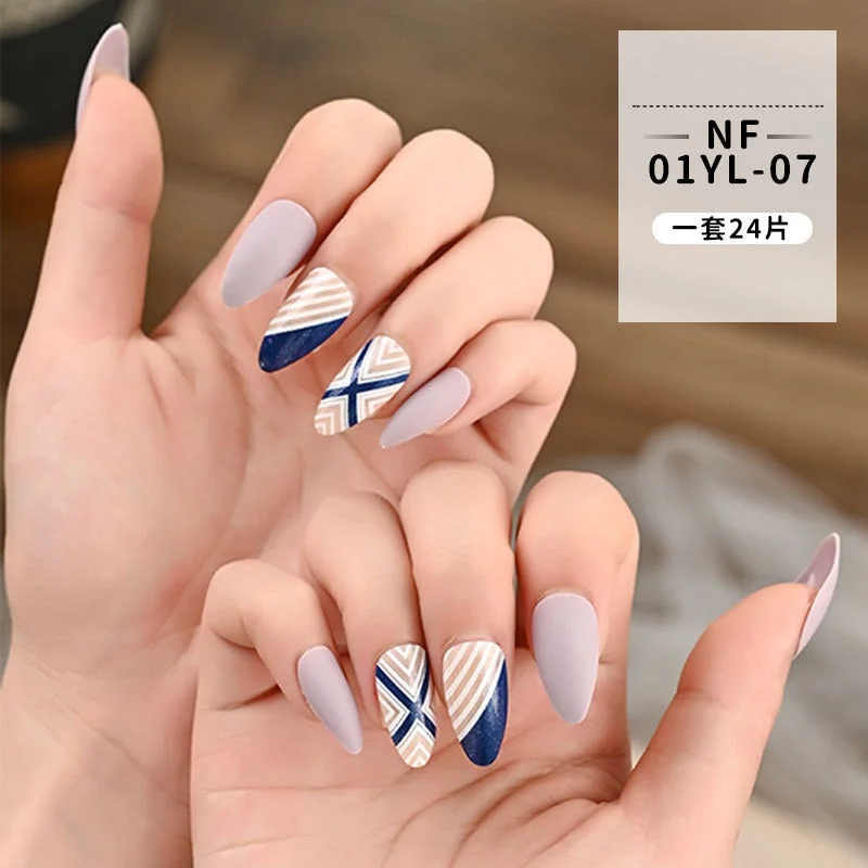 Fashion 24pc/set French Styel Press On False Nail Tips 10 Sizes Fake Nails Full Cover Nail Tips With Nail Adhesive Tab Sticker-Nail Inspo