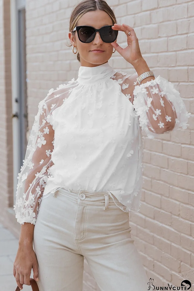 Mock Neck Long Sleeve Applique Blouse