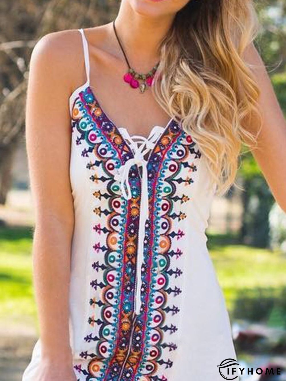 Vintage Sleeveless Boho Floral Geometric V Neck Plus Size Casual Weaving Dress | IFYHOME