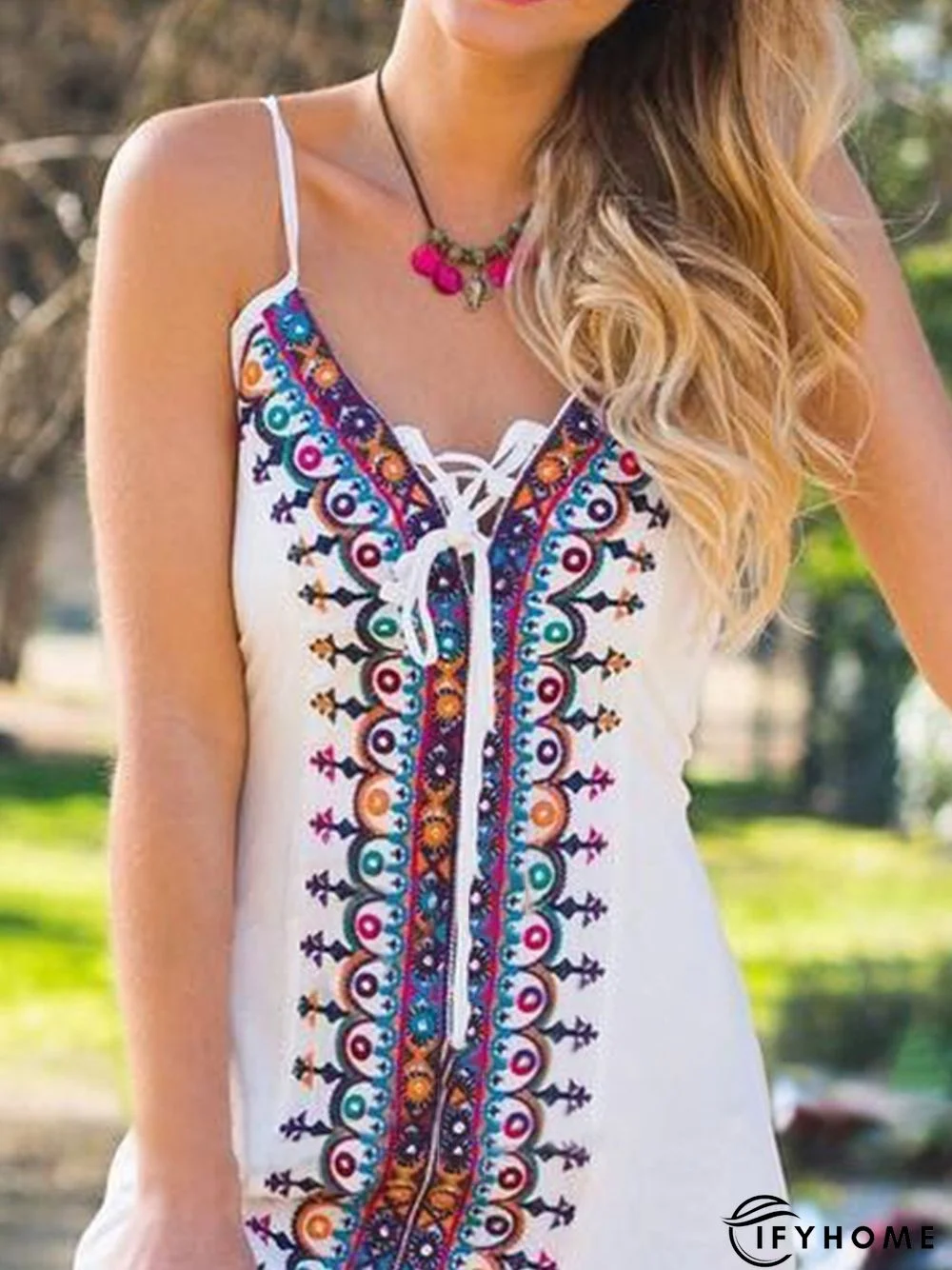 Vintage Sleeveless Boho Floral Geometric V Neck Plus Size Casual Weaving Dress | IFYHOME