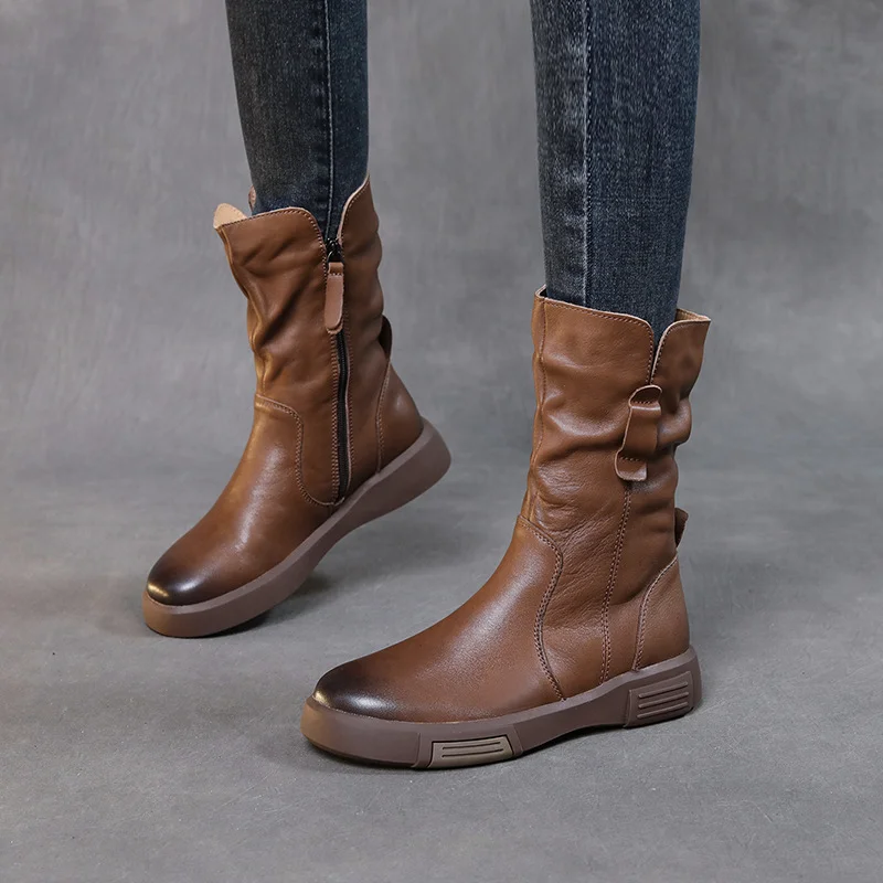 Yyvonne Martin Boots New Autumn And Winter Flat Bottom Mid-Sleet Boots Head Cowhedal Cowhed Vintage Round Head Knight Single Boots