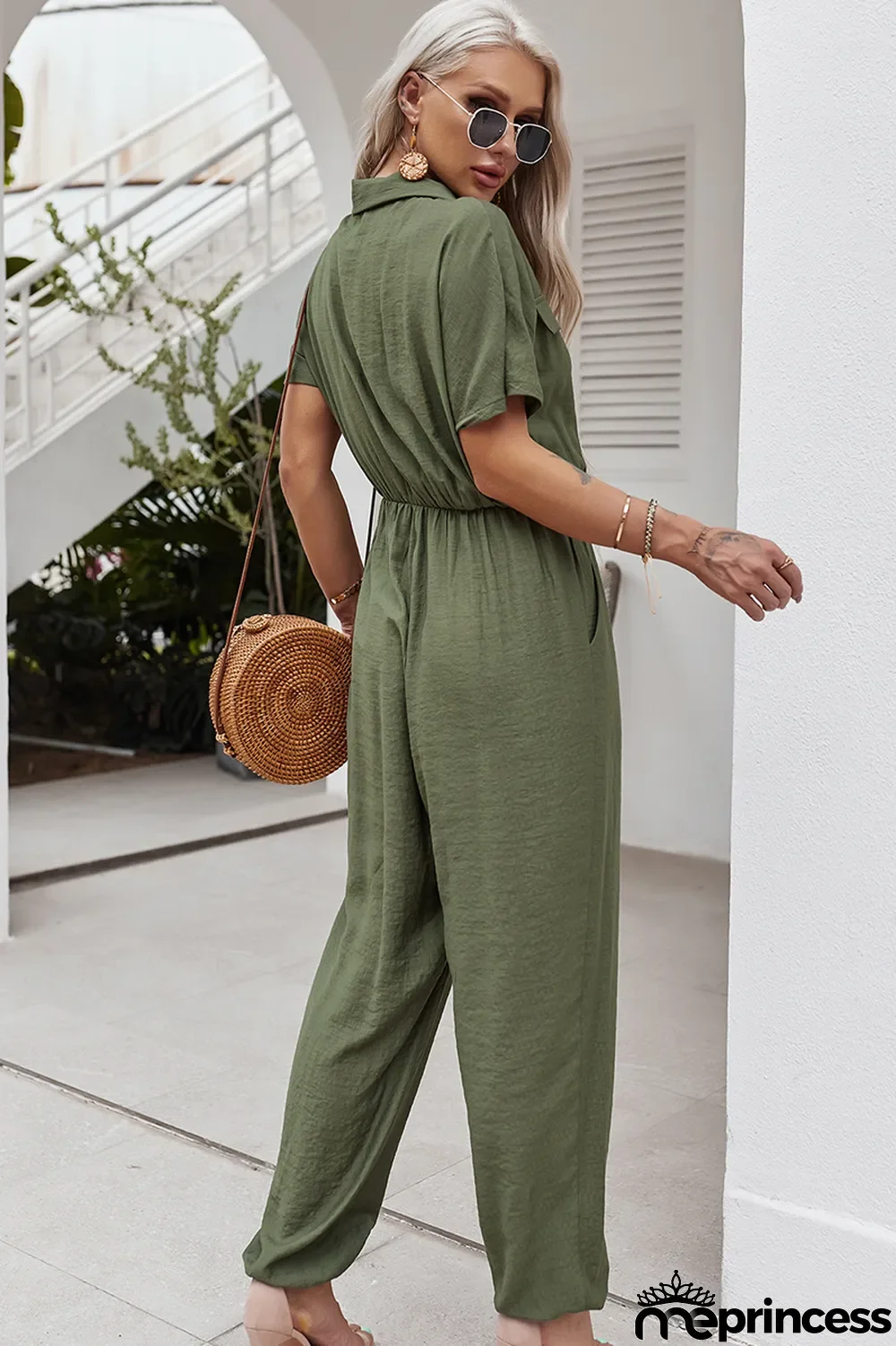 Summer Casual Solid Button Up Loose Jumpsuit