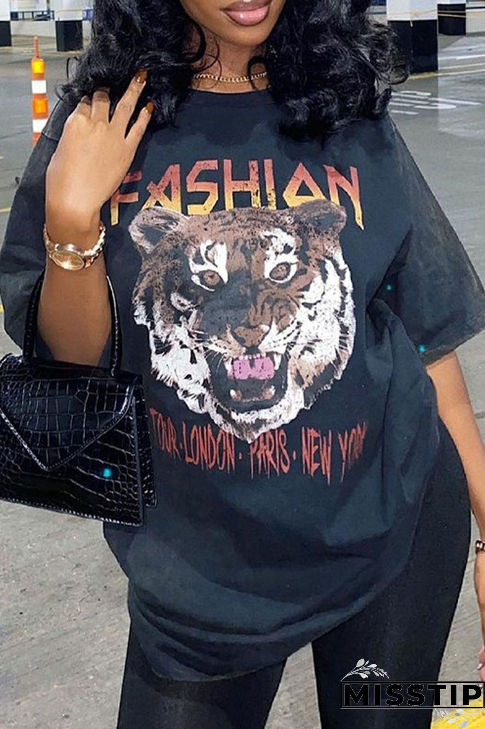 Black Casual Street Print Patchwork O Neck T-Shirts