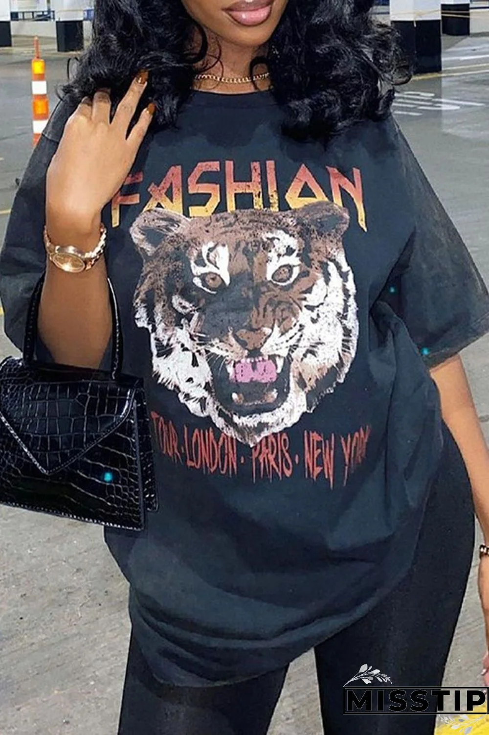 Black Casual Street Print Patchwork O Neck T-Shirts