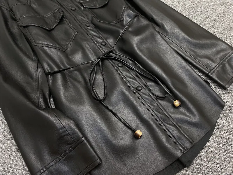 Niche artificial leather shirt women's single breasted drawstring long sleeve leather jacket-vocosishoes