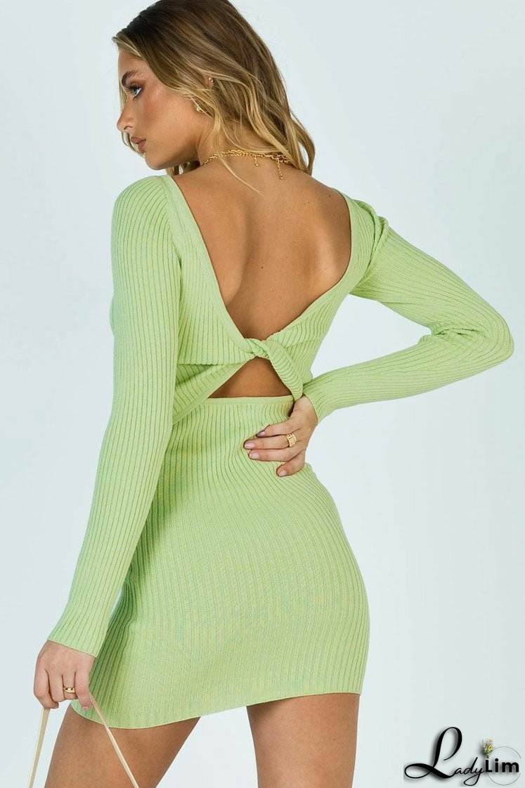 Convertible Long Sleeve Twist Trim Cut Out Mini Sweater Dress - Sage Green