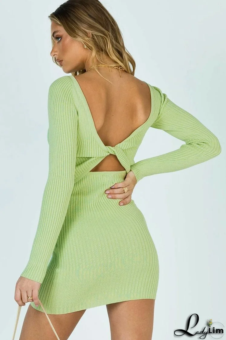 Convertible Long Sleeve Twist Trim Cut Out Mini Sweater Dress - Sage Green