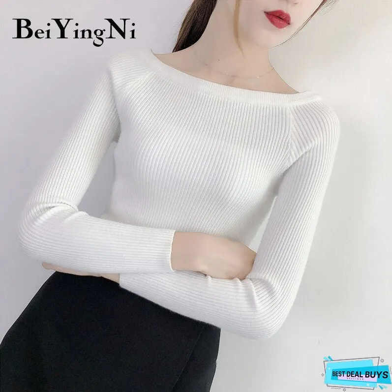 Christmas Gift Beiyingni Sexy Sweaters Womens Solid Slash Neck Tops Female Korean Streetwear Basic Sweater Ladies Pullover Autumn Winter Jumper