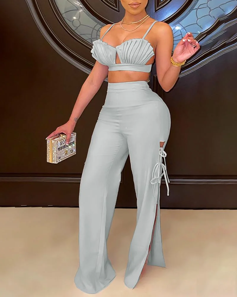 Ruched Crop Top & Tied Detail Slit Pants Set