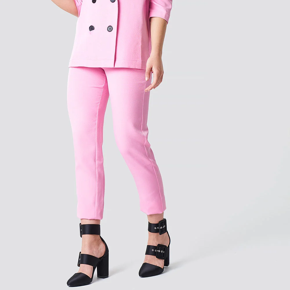 YDN Stylish Black Satin Almond Toe Buckle Strap Chunky Heels