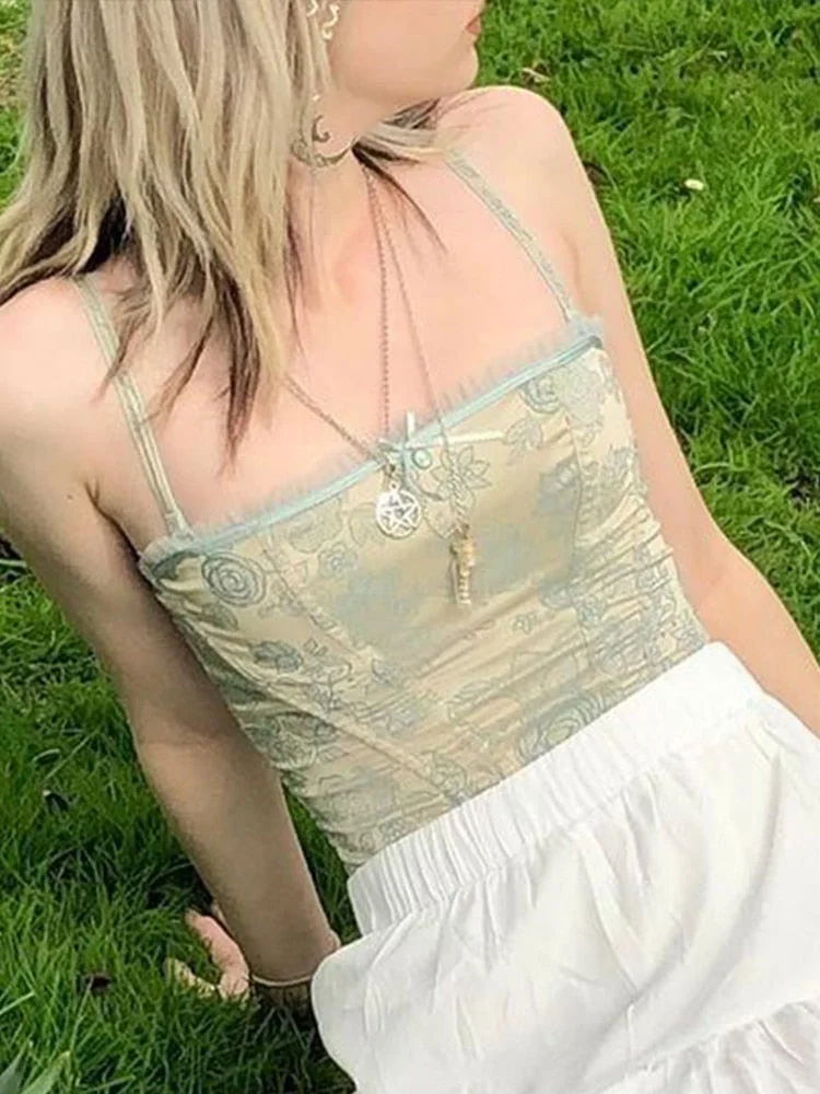 Rapcopter y2k Floral Cop Top Frill Cute Sweet Corset Top Patched Vintage Camis Women Party Holiday Chic Sweats Grung Fairycore