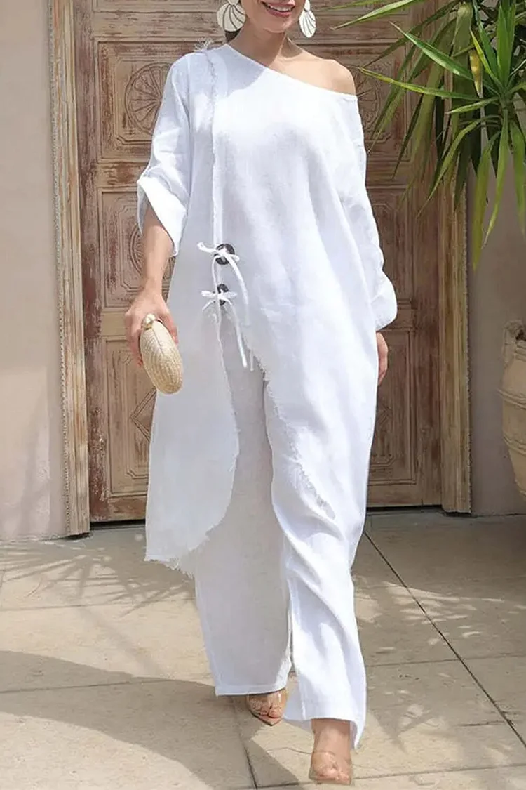 Plus Size Vacation White Casual Oblique Collar Half Sleeve Asymmetric Hem Pocket Linen Two Piece Pant Sets [Pre-Order] 2024 - Xpluswear