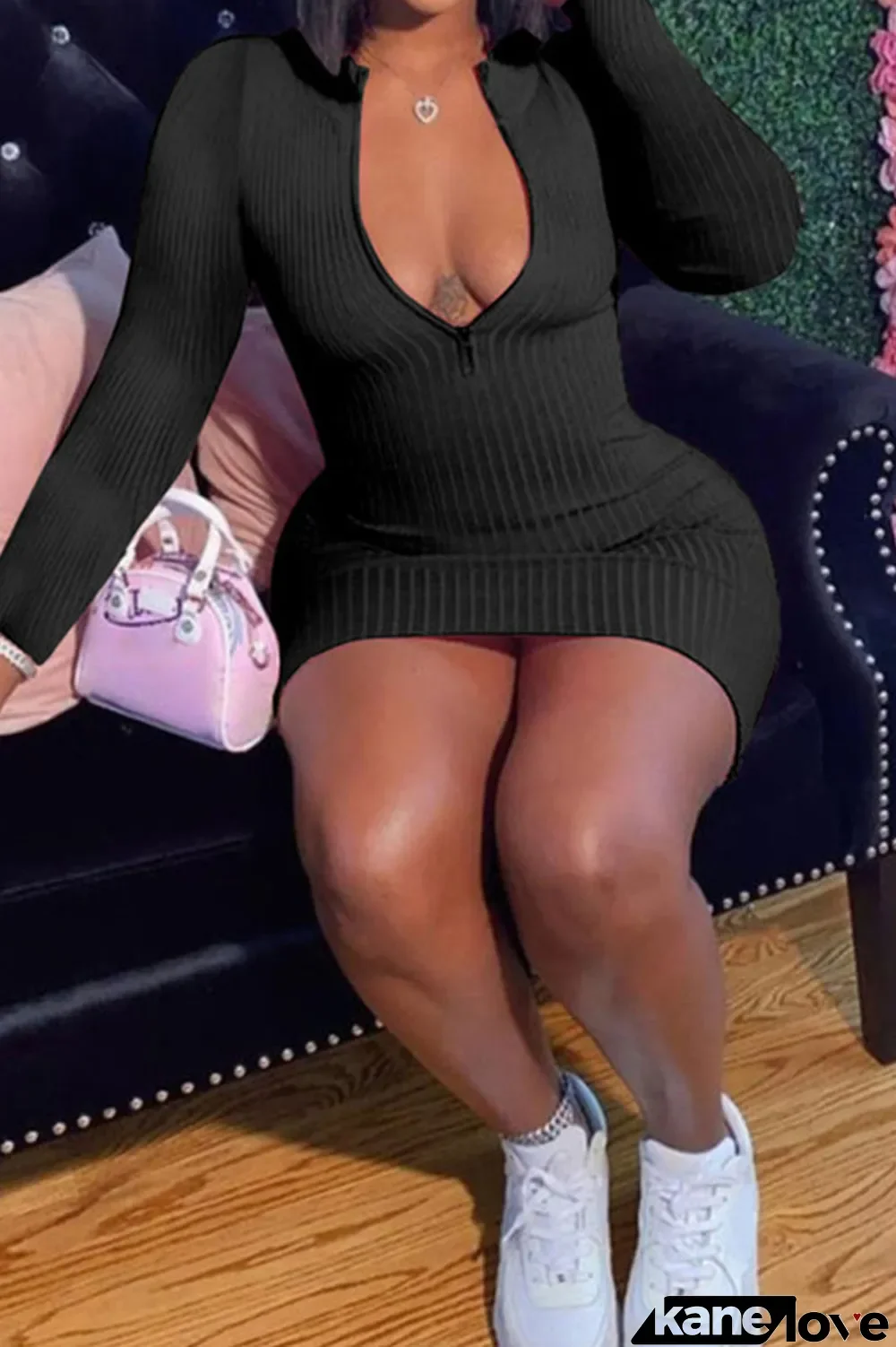 Black Sexy Solid Split Joint Zipper Collar Pencil Skirt Dresses